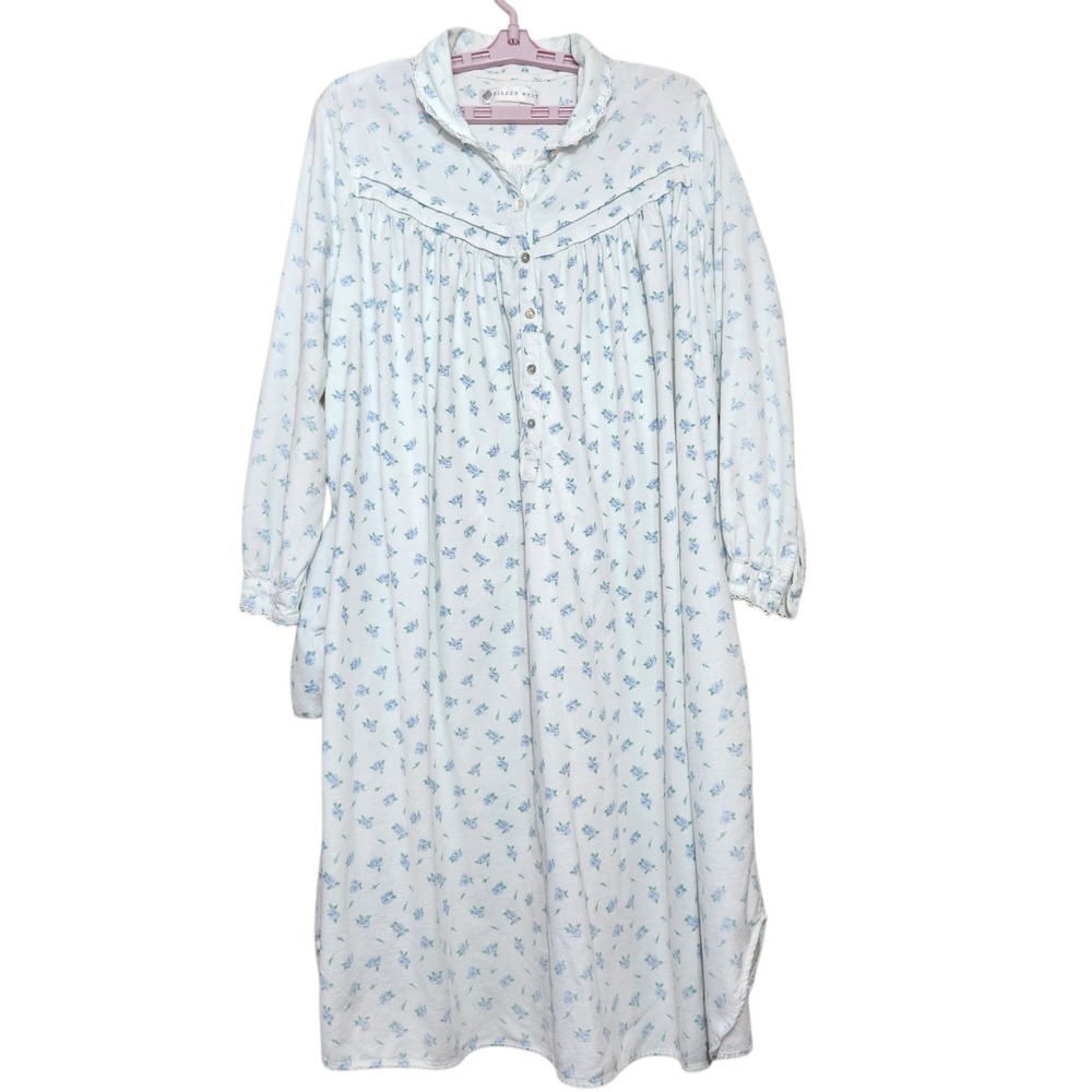 Vintage Eileen Sz Small West Nightgown Blue Roses Floral Ruffle Romantic Lounge*